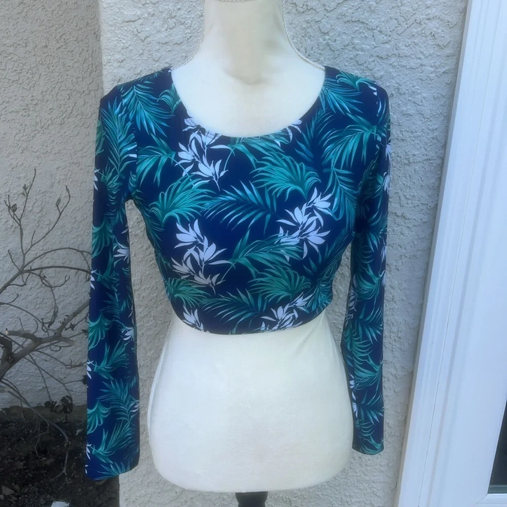 Cupshe Kaya Blue Tropical Crisscross Back Long Sleeve Bikini Women's Size NWT